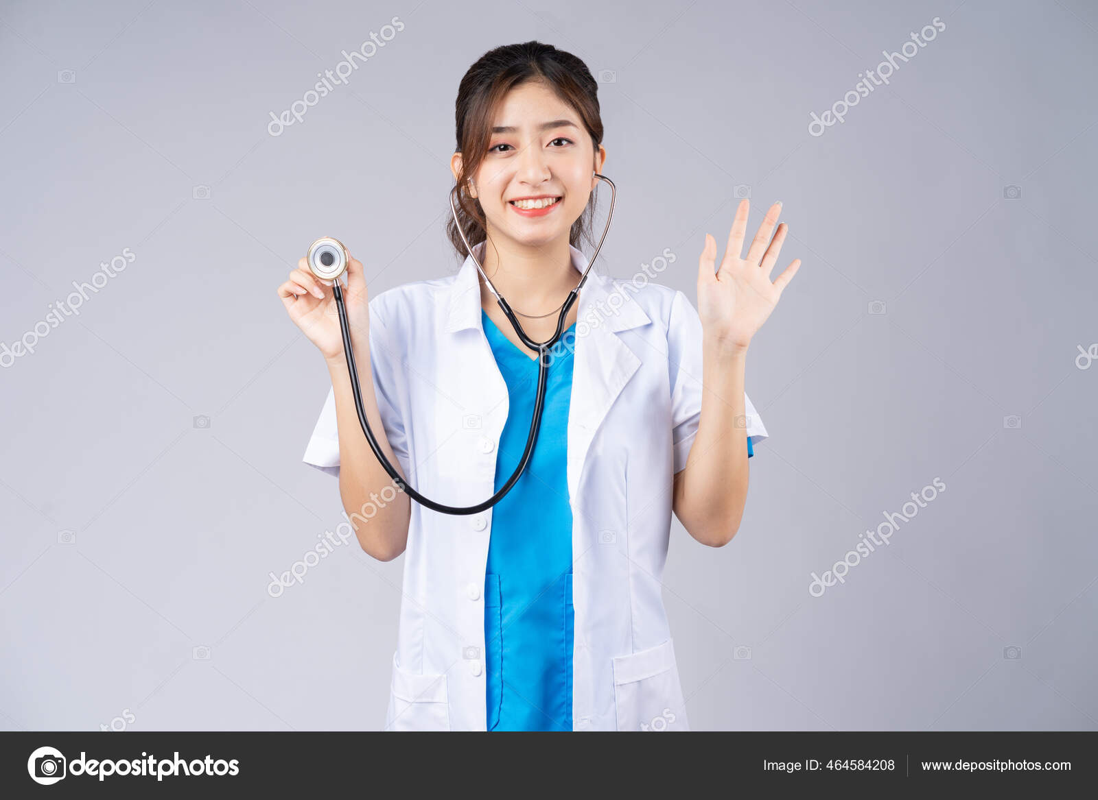 Image Young Asian Female Doctor Grey Background — Stock Photo © havucvp