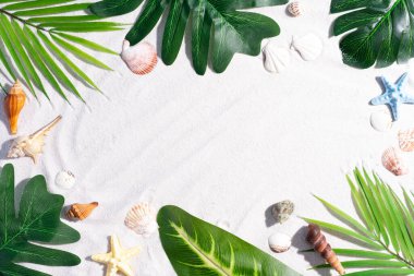 Yaz arkaplanı ve kumdaki yapraklar