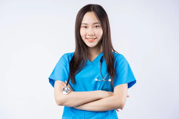 Porträt Einer Asiatischen Krankenschwester Auf Weißem Hintergrund — Stockfoto