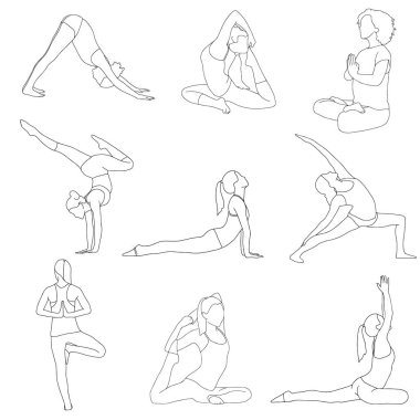 Yoga yapan 9 kız resmi siyah beyaz poz veriyor.