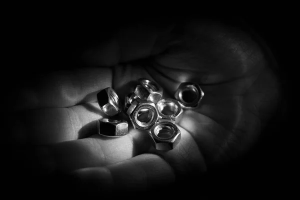 Screw Nuts Hands Black Background — Foto Stock