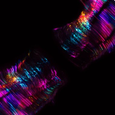 İnce renkli ışık çizgileri keyfi bir şekilde siyah bir arkaplanda kıvrılıyor.