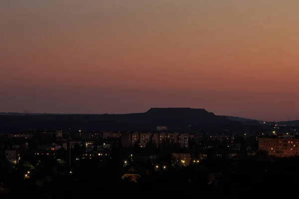 City Lanterns Mountainous Area Sunset Dawn Sky — Stock Photo, Image