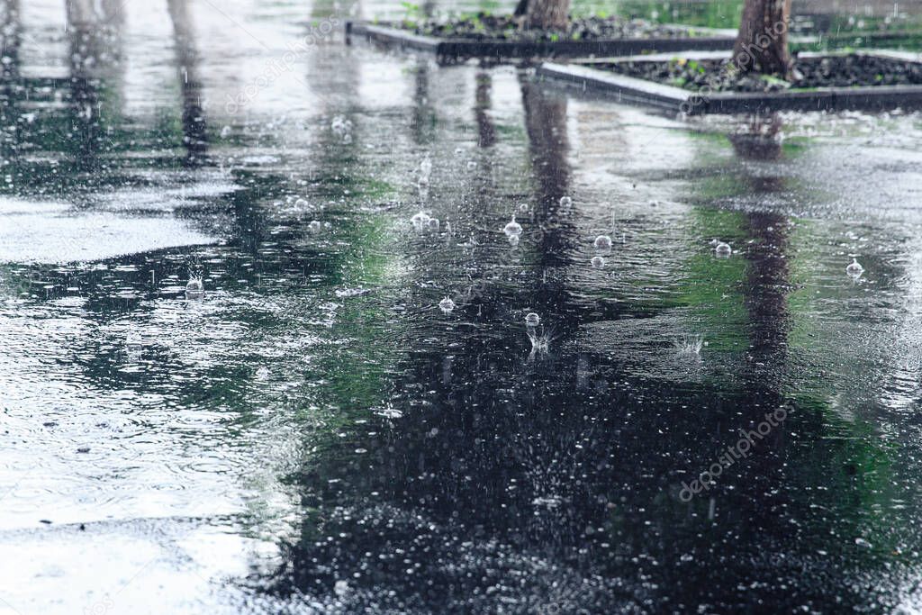 Coarse raindrops hit the pavement in the park