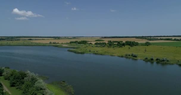 Grande Rio Largo Flui Estepe Entre Margens Arborizadas Campos Agrícolas — Vídeo de Stock
