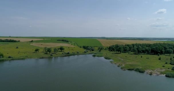 Большая Широкая Река Течет Степи Среди Лесистых Берегов Сельскохозяйственных Полей — стоковое видео