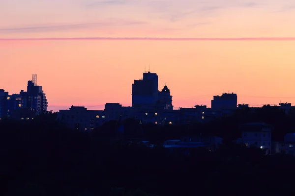 Panorama Van Stad Gebouwen Bij Zonsopkomst Zonsondergang Het Landschap Van — Stockfoto