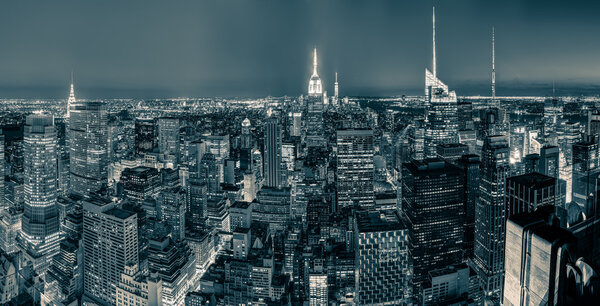 New York City with skyscrapers after sunset