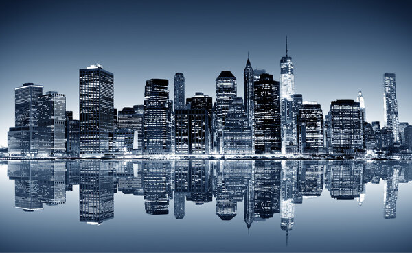 Panoramic night view of Manhattan. New York city.