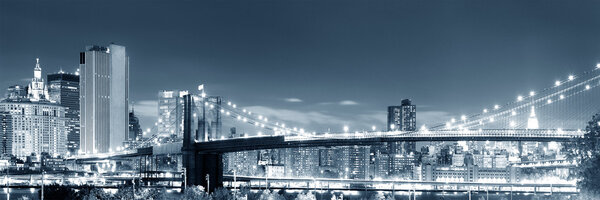 Panoramic night view Manhattan and Brooklyn bridge