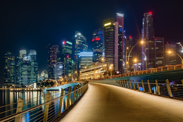 Panoramic night view of Singapore bussines district from bridge