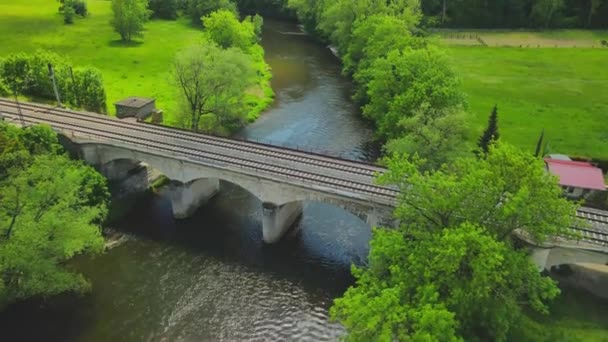 Vuelo Avión Tripulado Sobre Río Puente Rudelsburg — Vídeos de Stock