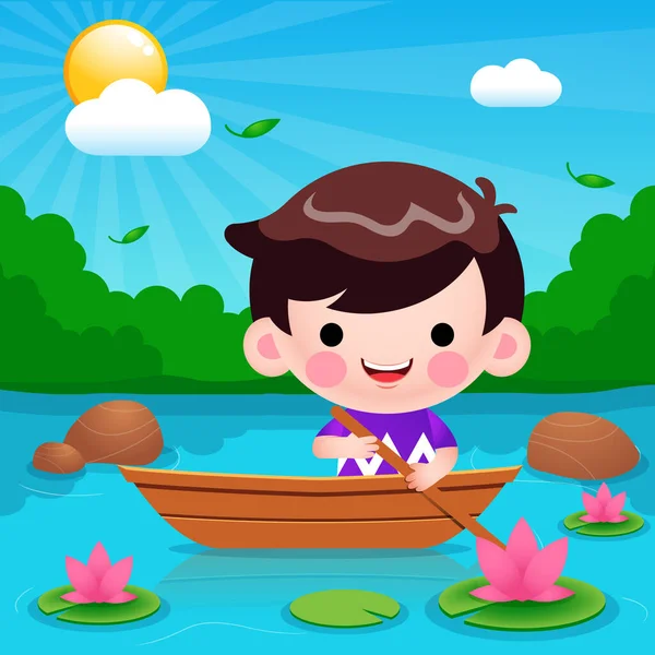 Ilustración Gráfica Vectorial Cartoon Cute Little Boy Montar Barco Río — Vector de stock