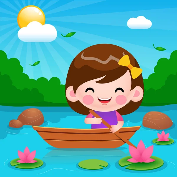 Illustration Vektorgrafik Von Cartoon Cute Little Girl Riding Boat River — Stockvektor