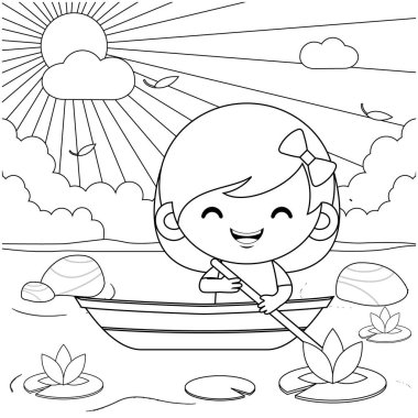 Çocuklar için boyama kitabının çizim vektör grafiği. Nehirde tekneye binen sevimli küçük kız çizgi filmi. Çocuk boyama kitabı için iyi..