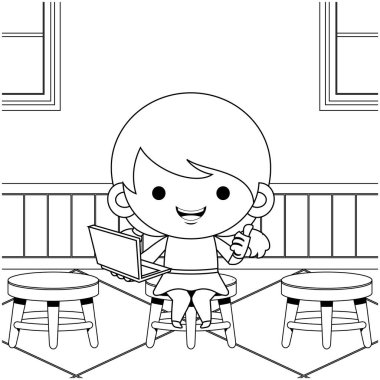Çocuklar için boyama kitabının çizim vektör grafiği. Sınıfta dizüstü bilgisayar sunumu yapan şirin küçük kız. Çocuk boyama kitabı için iyi..