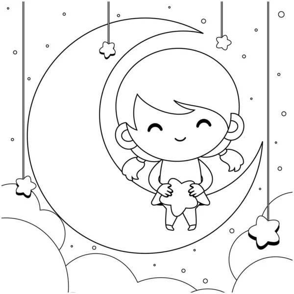 아이들을 일러스트 레이브 그래픽 Cartoon Cute Little Girl Sitting Moon — 스톡 벡터