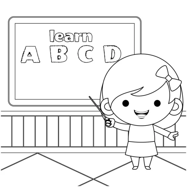 儿童彩色书的图解向量图 可爱的小女孩带着笔尖站在粉笔板前面教字母 适用于儿童彩色书 — 图库矢量图片