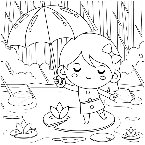 子供のためのぬり絵のイラストベクトルグラフィック 雨の天気漫画の間に傘の下に隠れて池のかわいい女の子 子供のぬり絵におすすめ — ストックベクタ