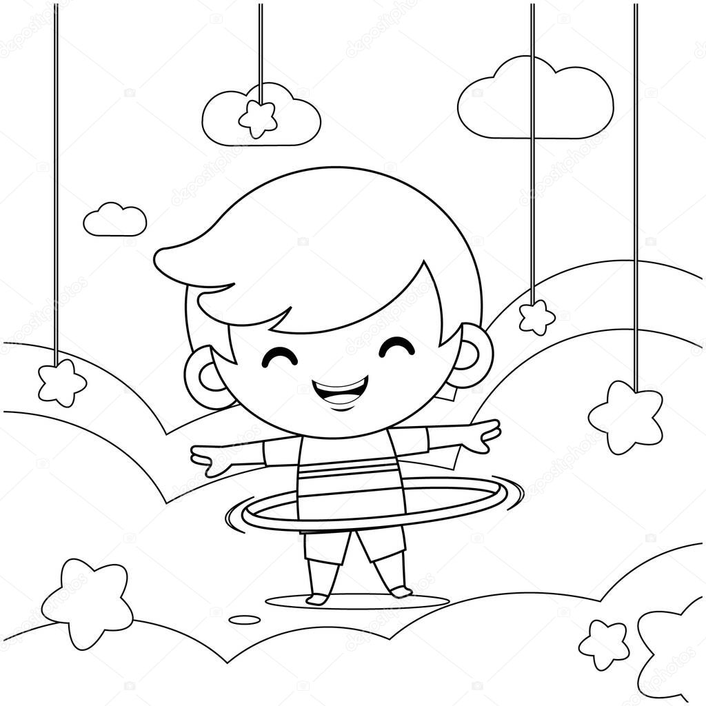 Illustration vector graphic of coloring book for kids. Cute Little Boy Playing Hula Hoop On Cloud, Good to use for children coloring book.