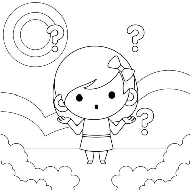 Boyama kitabının çizim vektörü grafiği. Çizgi film tasviri Şirin Küçük Kızın Kafası Karışık. Çocuk boyama kitabı için iyi..