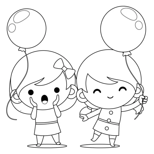 Kızlar için boyama kitabının illüstrasyon vektör grafiği. İki Sevimli Küçük Kız Balon Vektörü. Çocuk boyama kitabı için iyi..