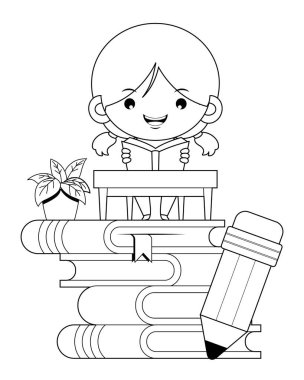 Çocuklar için boyama kitabının çizim vektör grafiği. Çizgi filmdeki mutlu kız kitap yığını üzerine kitap okuyor. Çocuk boyama kitabı için iyi..