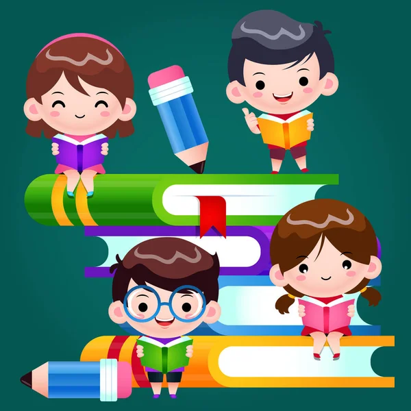 Vektor Ilustrasi Grafis Cartoon Cute School Kids Reading Learning Big - Stok Vektor