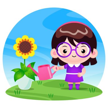 Çizgi filmdeki sevimli kız bahçecilik ve ekimin çizim vektör grafiği. Maskot, çocuk kitabı kapağı, çocuk kitabı illüstrasyonları, duvar kağıdı, çocuk broşürü, bulmaca, oyun illüstrasyonu, oyun varlıkları vs. için mükemmel..