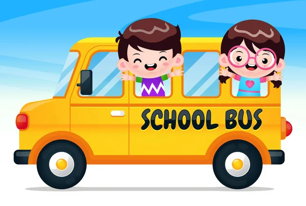Vektor Ilustrasi Grafis Dari Bus Sekolah Kartun Dengan Anak Bahagia - Stok Vektor
