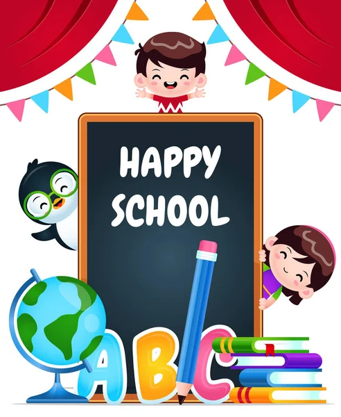 Illustrationsvektorgrafik Von Cartoon Happy School Children Und Pinguin Perfekt Für — Stockvektor