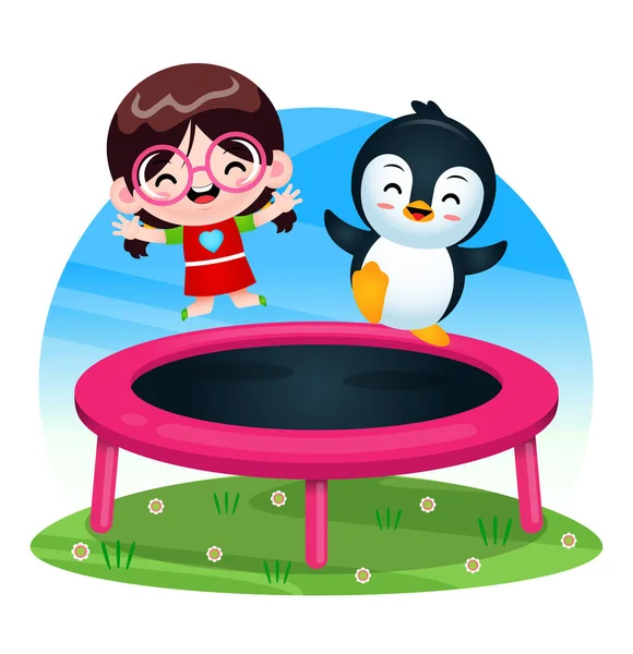 Illustrationsvektorgrafik Von Cartoon Happy Cute Girl Und Pinguin Spielen Trampolin — Stockvektor
