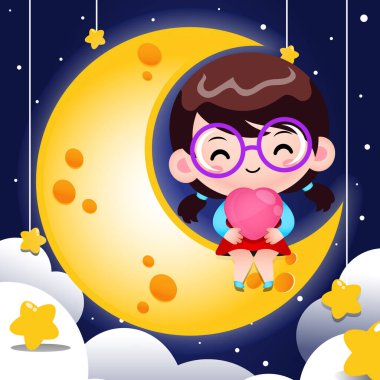 Ay 'da oturan ve kalbini kucağında tutan çizgi film karakteri çizim vektörü grafiği. Maskot, çocuk kitabı kapağı, çocuk kitabı illüstrasyonları, duvar kağıdı, çocuk broşürü, bulmaca, oyun illüstrasyonu, oyun varlıkları vs. için mükemmel..