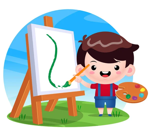 Happy Cute Boy Painting 일러스트 마스코트에 어린이용 어린이 아이들의 팜플렛 — 스톡 벡터