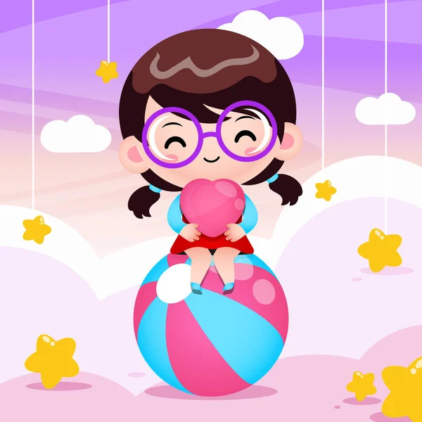 Illustration Vector Graphic Cute Happy Girl Holding Heart Cloud Perfect — 스톡 벡터