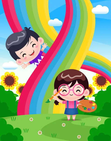 Illustrationsvektorgrafik Von Cute Girl Painting Rainbow Happy Boy Perfekt Für — Stockvektor