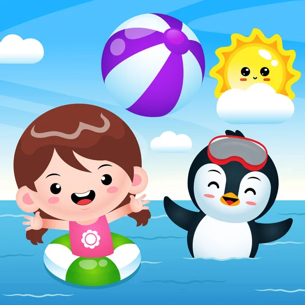 Illustrationsvektorgrafik Von Happy Cute Girl Und Pinguin Spielen Beach Ball — Stockvektor