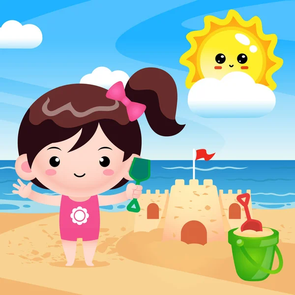 Illustrationsvektorgrafik Von Happy Cute Girl Build Sand Castle Perfekt Für — Stockvektor