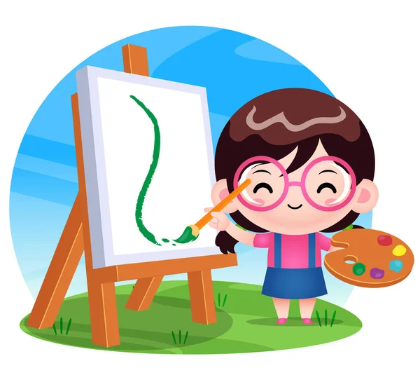 Illustration Vector Graphic Happy Cute Girl Painting Perfect Children Books — 图库矢量图片