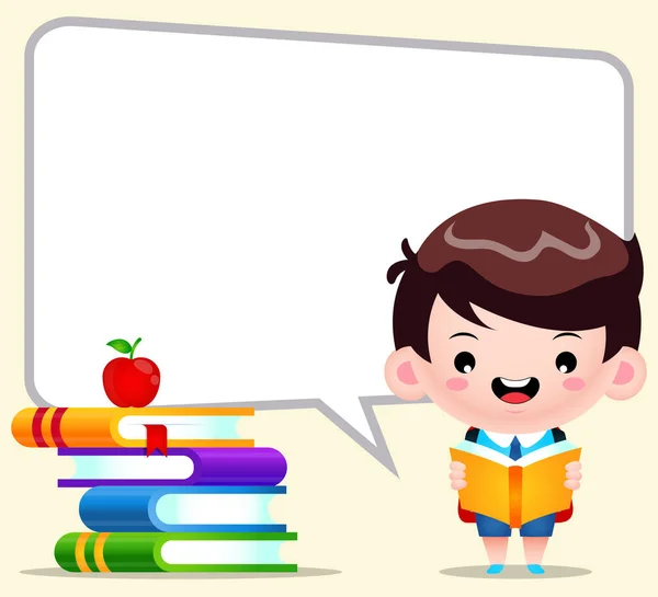 Ilustrasi Vektor Kartun Cute Boy Student Reading Big Bubble Speech - Stok Vektor