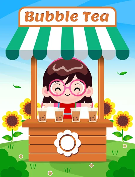 Illustration Vektor Von Cute Girl Sell Bubble Tea Perfekt Für — Stockvektor