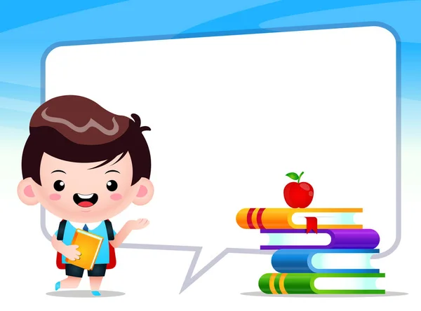 Ilustrasi Vektor Kartun Happy Cute Boy Student Big Bubble Speech - Stok Vektor