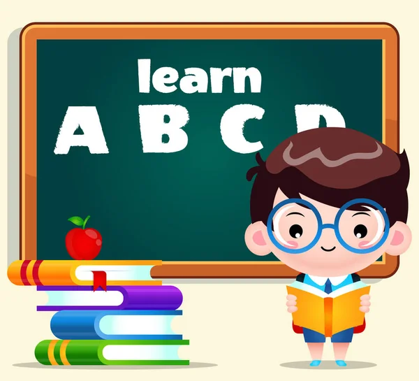 Vector Cartoon Cute Boy Student Reading Chalk Board Background 아이들에게 — 스톡 벡터