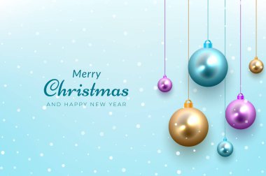 Aralıktaki mutlu noel ayı için kar ve ışıltılı balo süslemeleriyle kışın arka plan kutlaması