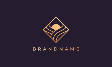 Ana hatları okyanus dalgası ve güneşi oluşturan basit ve modern şekilli kare logo.