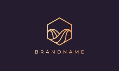 Altıgen şekilli ve çizgi çizgisi olan okyanus dalgası logosu. Sanat tarzı ve altın rengi.