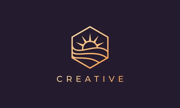 Logo Hexagonal Avec Vague Mer Ligne Soleil Dans Une Forme — Image vectorielle