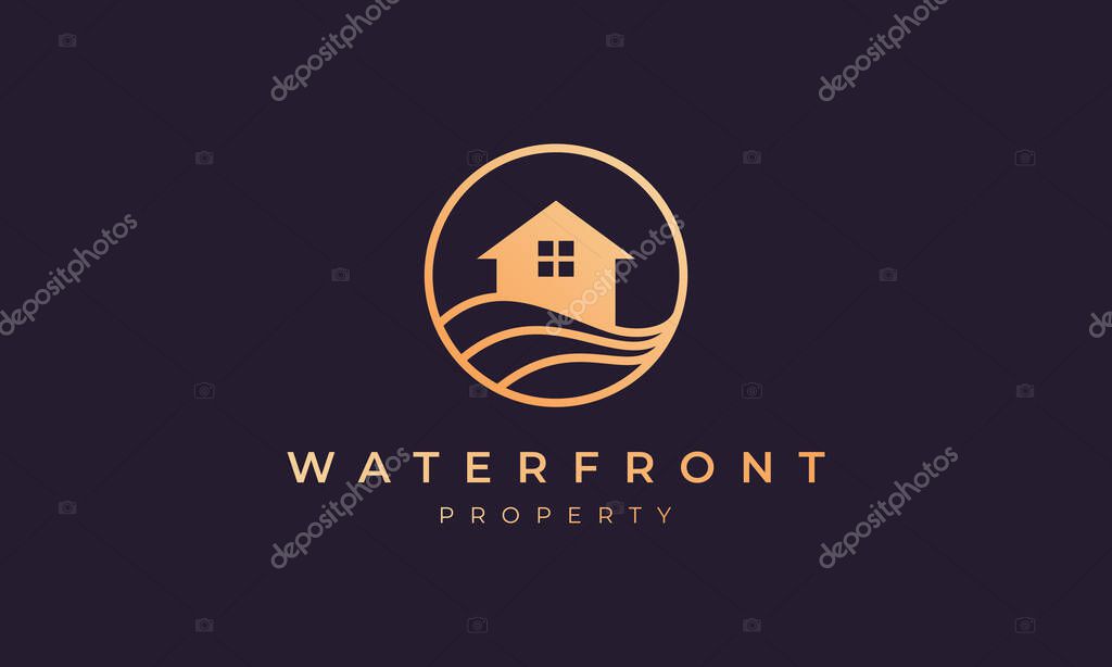 Villa logo of gold line with house in circle shape with ocean wave