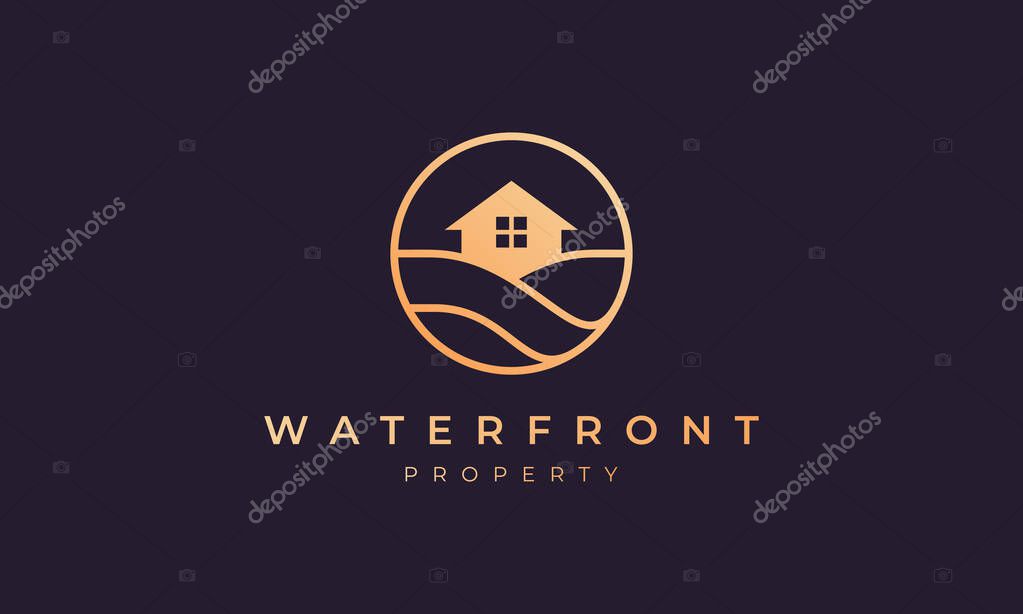 Real estate logo of gold line with house in circle shape with ocean wave