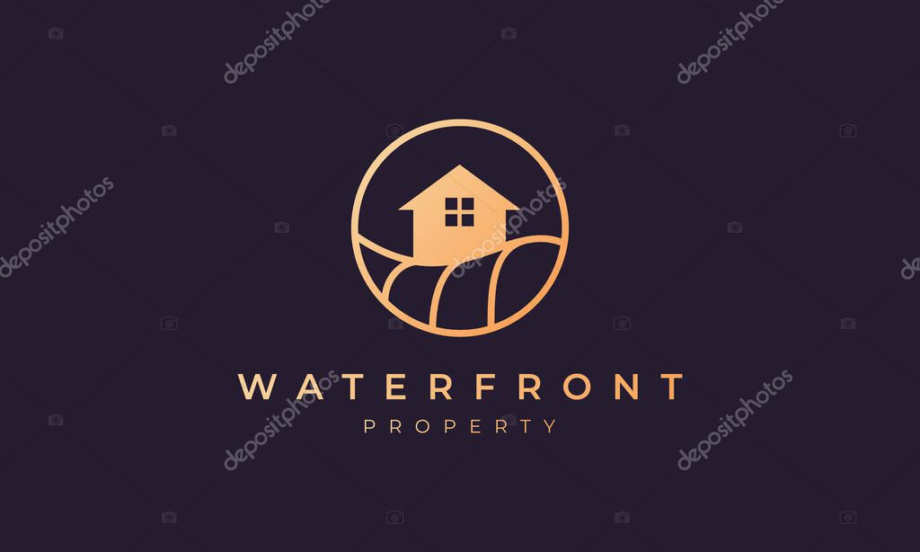 Resort logo of gold line with house in circle shape with ocean wave